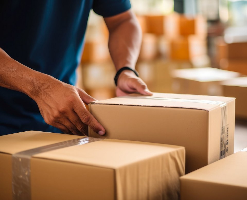 Person verpackt Karton für Versand oder Retouren im E-Commerce Fulfillment