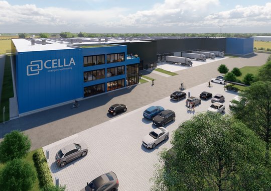 Visualisierung der neuen Logistikhalle von Cella in Altenberge mit Bürotrakt, Lkw-Zone und Pkw-Stellplätzen.