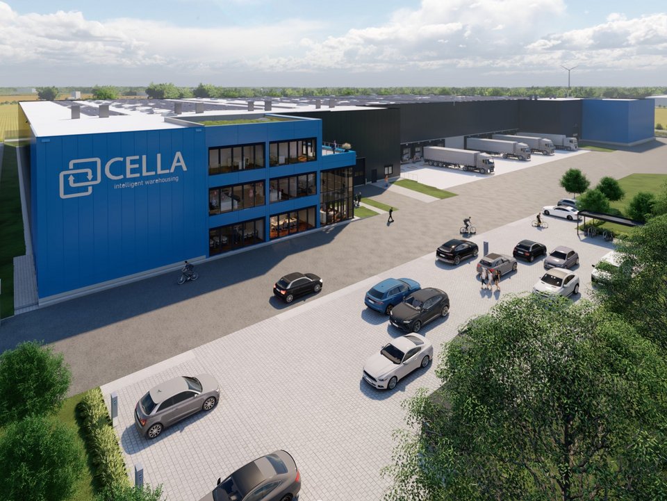 Visualisierung der neuen Logistikhalle von Cella in Altenberge mit Bürotrakt, Lkw-Zone und Pkw-Stellplätzen.