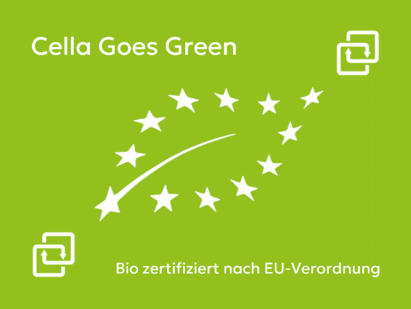 Grünes Bild mit einem Blattumriss aus Sternen, Überschrift "Cella Goes Green" und Text "Bio zertifiziert nach EU-Verordnung"