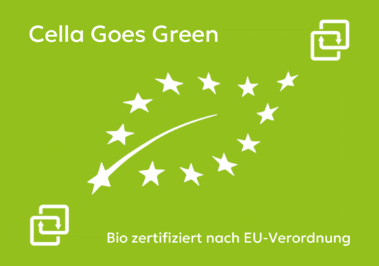 Grünes Bild mit einem Blattumriss aus Sternen, Überschrift "Cella Goes Green" und Text "Bio zertifiziert nach EU-Verordnung"