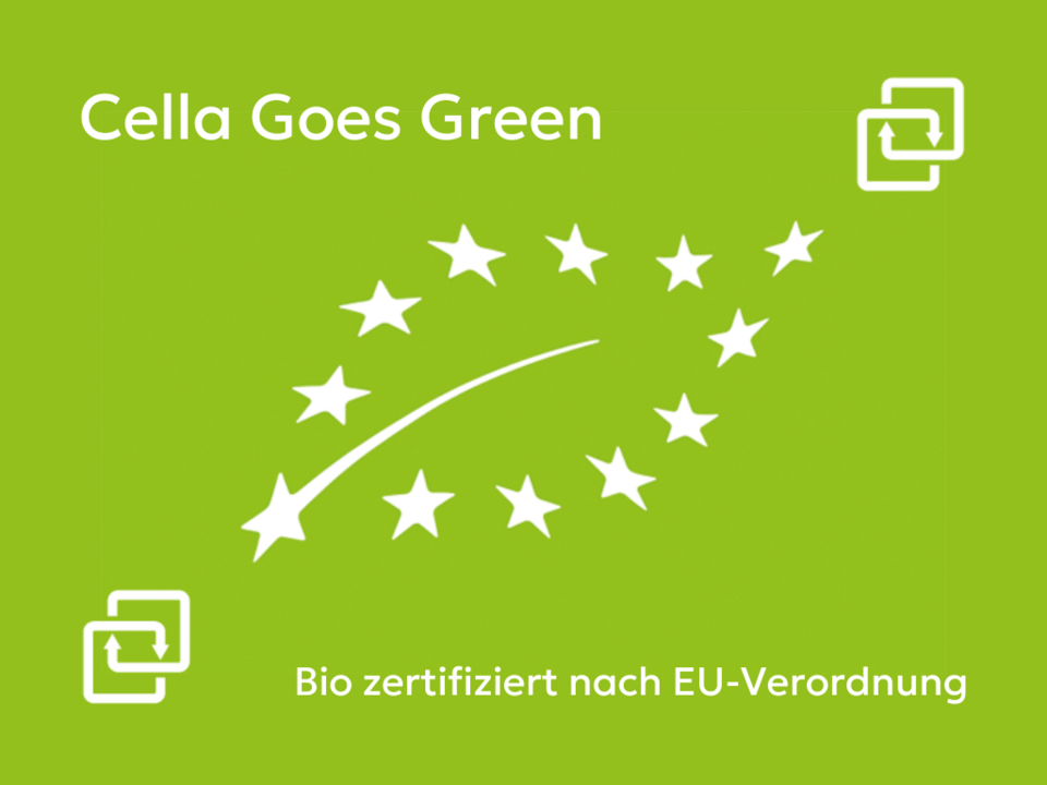 Grünes Bild mit einem Blattumriss aus Sternen, Überschrift "Cella Goes Green" und Text "Bio zertifiziert nach EU-Verordnung"