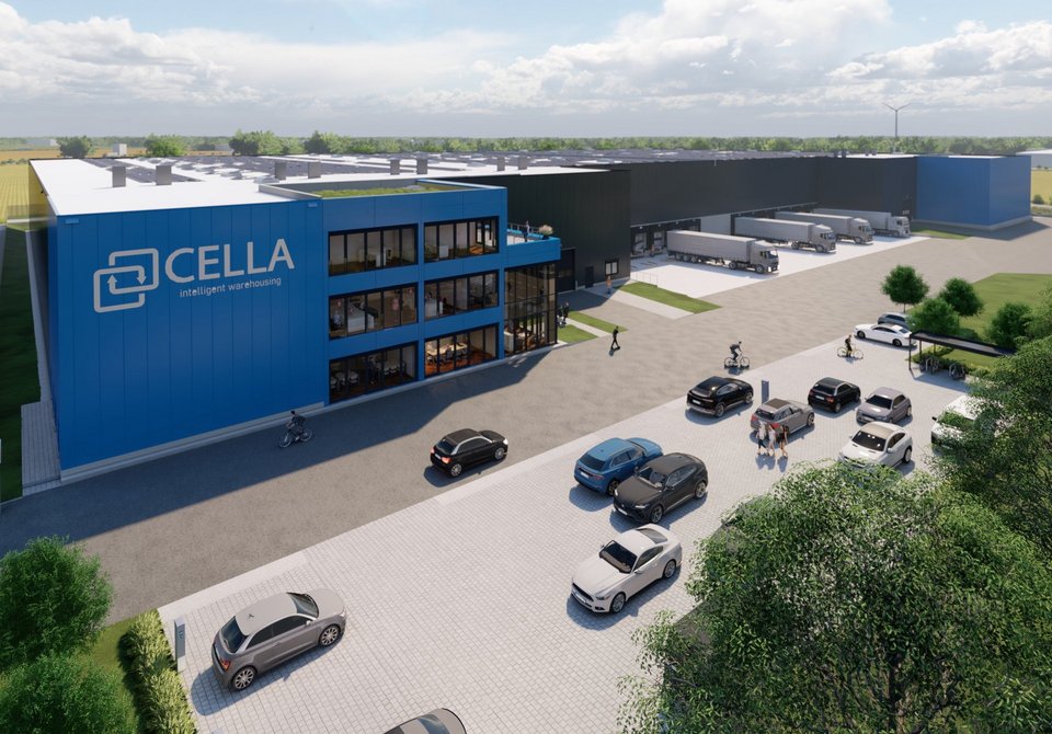 Visualisierung des geplanten Logistikstandorts Cella Altenberge mit Bürotrakt und Lkw-Zone. 