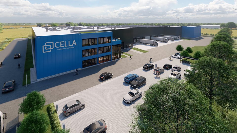 Visualisierung des geplanten Logistikstandorts Cella Altenberge mit Bürotrakt und Lkw-Zone